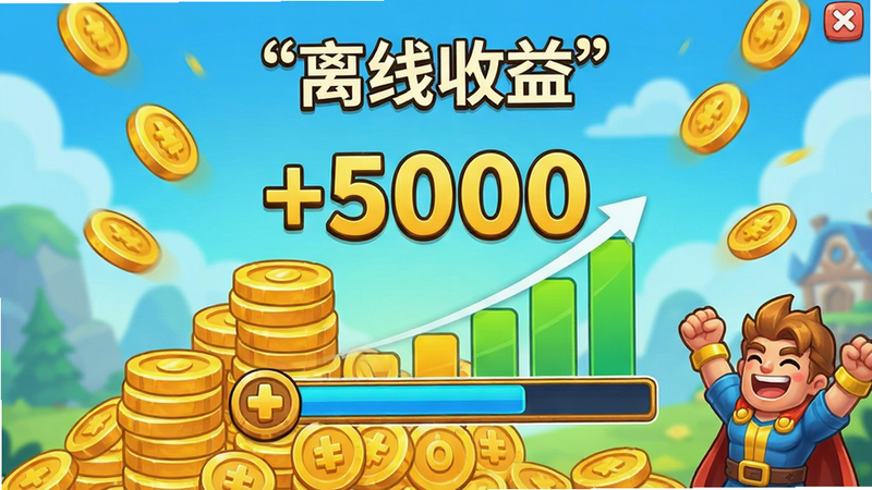 主体为游戏内的离线收益结算界面,布局中央显示巨大的金币堆叠与经验条增长动画,排版简洁突出数字增长,风格为明亮卡通,细节展示金币飞舞与英雄欢呼表情,画质清晰,干净无杂色,图片中文字加引号如
