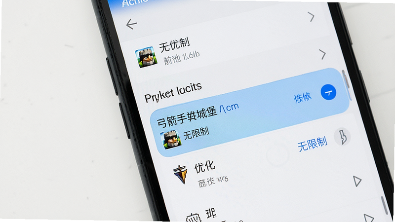 主体为手机屏幕上的设置界面截图,布局展示电池优化与应用权限列表,排版清晰易读,风格为现代简约UI,细节高亮显示《弓箭手城堡》的“无限制”选项,画质清晰,干净背景,图片中文字加引号如