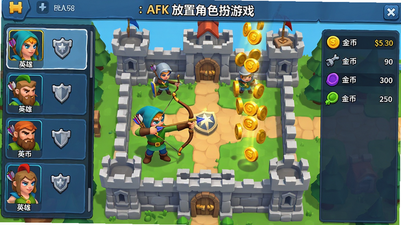 主体为《弓箭手城堡 : AFK 放置角色扮演游戏》的游戏主界面截图,布局清晰展示左侧英雄列表、中间城堡防御场景及右侧资源面板,排版采用扁平化UI设计,风格为卡通渲染,细节丰富展示弓箭手射击姿态与金币掉落特效,画质高清,干净无多余元素,图片中文字加引号如