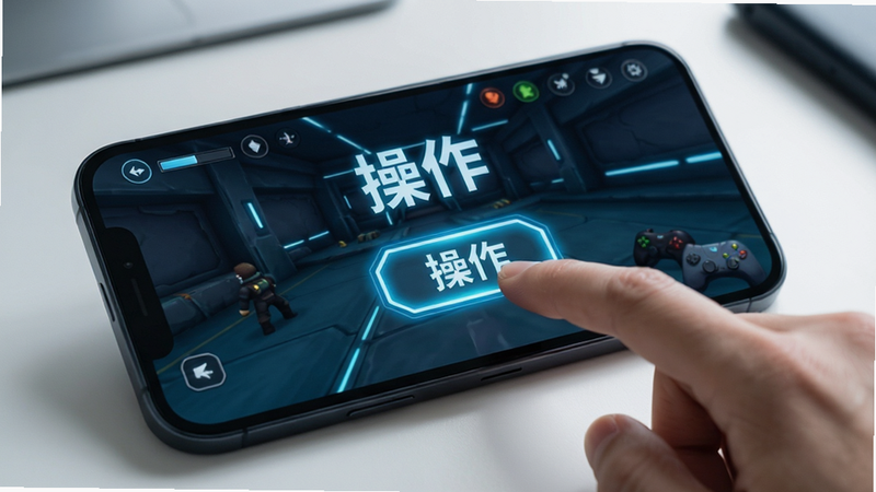 主体为一部智能手机屏幕显示游戏界面,手指正在点击屏幕上的一个发光按钮,布局清晰,排版现代,风格为科技感,细节清晰,画质高清,干净,无多余元素,文字“操作”
