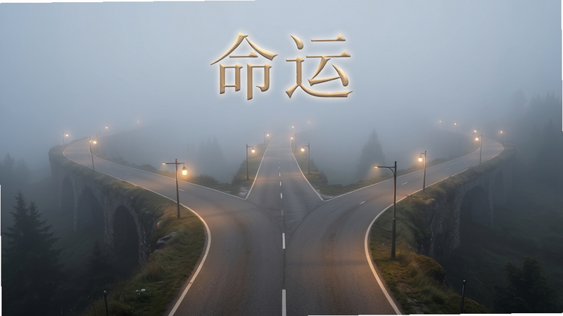 主体为三条分岔的道路延伸至迷雾深处,每条路上都有微弱的光源指引,布局纵深强,排版大气,风格为梦幻写实,细节柔和,画质细腻,干净,无多余元素,文字“命运”