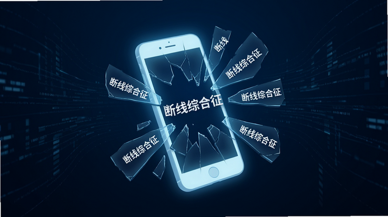一张极简风格的数字艺术海报,主体是一个漂浮在深蓝色虚空中的发光手机屏幕,屏幕碎裂出多块碎片,碎片中显示着“断线综合征”字样,背景是抽象的数据流线条,整体色调冷峻,高清,干净,无多余元素