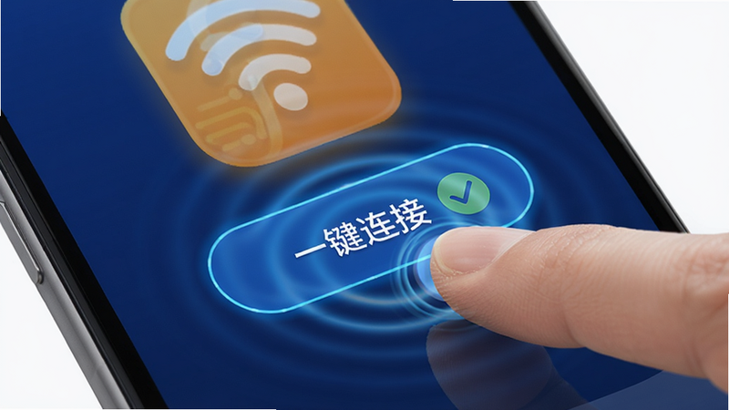 主体为手指点击手机屏幕上的“一键连接”按钮,按钮周围有蓝色光晕特效,背景是WiFi万用钥匙的应用背景色,布局聚焦于交互动作,排版突出操作焦点,风格为动感科技风,细节包含点击后的涟漪效果和确认图标,画质细腻,干净,无多余元素