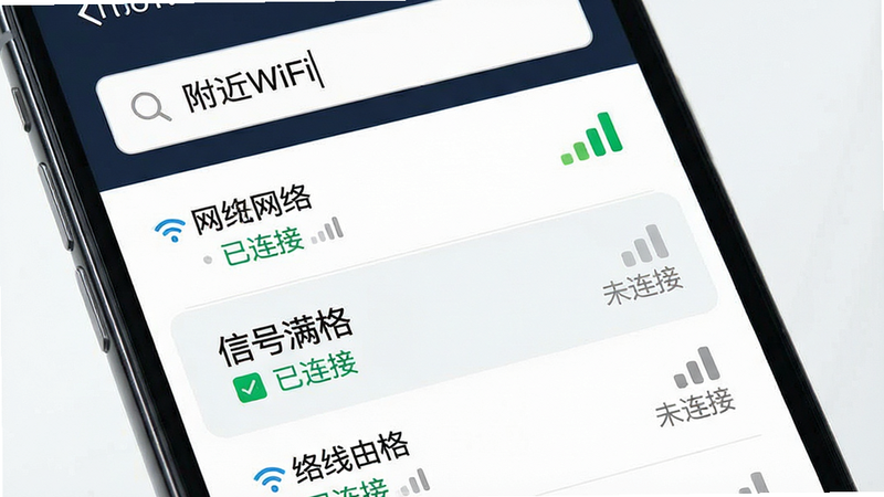 主体为手机界面展示列表页,上方搜索框显示“附近WiFi”,下方列出多个网络名称及信号强度图标,中间高亮显示一个“信号满格”的选项,布局为垂直列表式,排版清晰有序,风格为极简商务风,细节包含绿色的“已连接”标识和灰色的“未连接”状态,画质清晰,干净,无多余元素