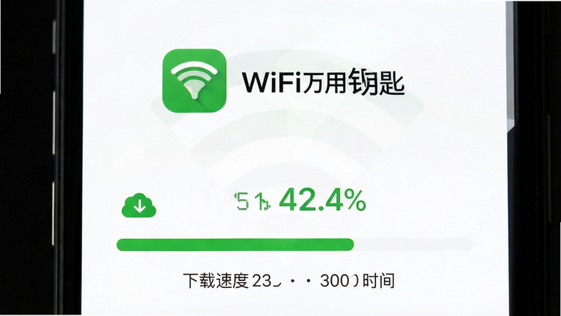 主体为手机屏幕显示下载进度条,上方显示“WiFi万用钥匙”图标和名称,下方显示下载速度和时间,背景是简洁的白色界面,布局为垂直居中,排版清晰明了,风格为现代简约风,细节包含绿色的下载图标和百分比数字,画质高清,干净,无多余元素