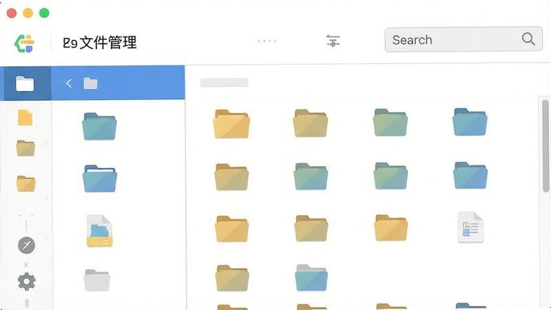 主体为文件列表界面,布局左侧图标栏,右侧内容区,风格扁平化,细节包含文件夹图标与搜索框,画质清晰,干净,文字标注