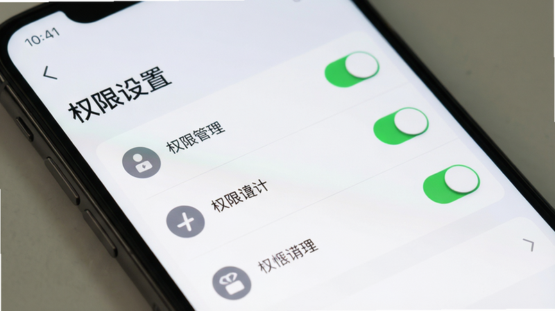 主体为手机设置界面,布局显示权限管理列表,风格简洁,细节包含开关按钮与权限图标,画质清晰,干净,文字标注