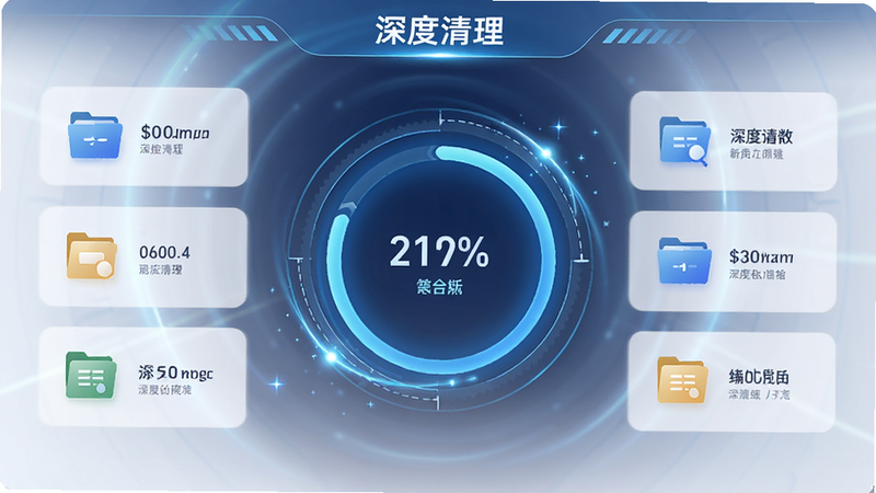 主体为清理进度界面,布局中心显示旋转进度条,周围环绕文件分类图标,风格科技感,细节包含动态光效与百分比数字,画质清晰,干净,文字标注