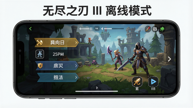 主体为手机横屏游戏界面,布局展示菜单选项,背景为游戏内场景,排版简洁现代,风格为UI设计展示,细节展示按钮与图标,画质清晰,干净背景,文字内容“无尽之刃 III 离线模式”