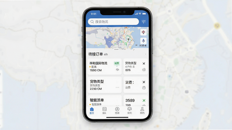 主体为手机屏幕展示祥和国际物流APP界面,布局清晰,顶部显示搜索栏和地图背景,中部展示待接订单列表卡片,包含距离、运费、货物类型等关键信息,底部为导航栏,风格现代简约商务风,细节呈现高清UI设计,画质4K,干净无多余元素,文字标注