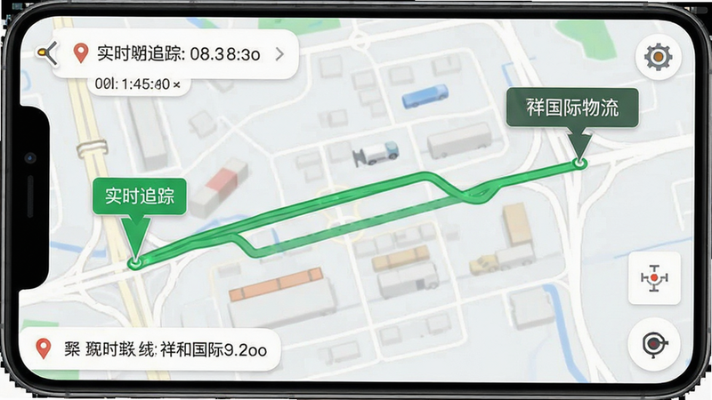 主体为手机界面截图,展示地图上的车辆移动轨迹,布局清晰,轨迹线为绿色,起点终点有明确标记,排版简洁,风格写实UI风格,细节展示时间戳与地点标签,画质清晰,干净,文字标注