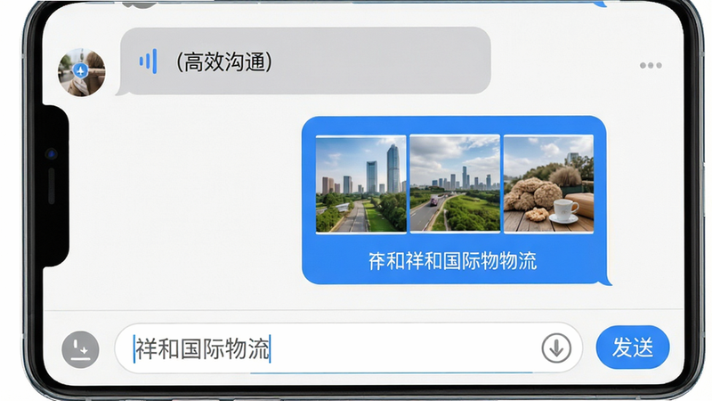 主体为聊天界面截图,布局为气泡对话框,左侧灰色右侧蓝色,展示语音条与图片缩略图,排版自然,风格现代社交风,细节展示输入框与发送按钮,画质清晰,干净,文字标注