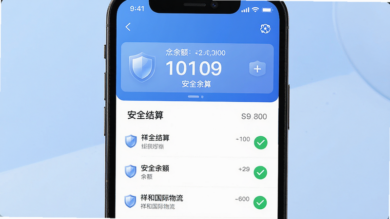 主体为手机钱包界面,布局展示余额数字与流水列表,背景为柔和渐变蓝色,排版整齐,风格金融安全风,细节展示盾牌图标与对勾标记,画质高清,干净,文字标注
