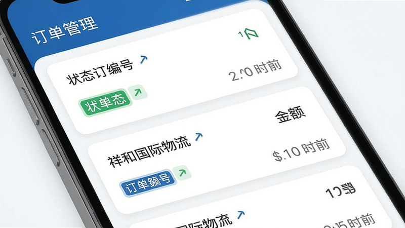 主体为手机订单列表界面,布局为卡片式列表,每张卡片显示订单编号、状态标签、金额与时间,排版清晰,风格商务蓝白配色,细节展示状态图标与箭头指示,画质高清,干净,文字标注