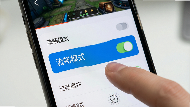 主体为手机屏幕显示游戏设置界面,手指点击“流畅模式”选项,布局清晰,排版整齐,风格简洁现代,细节展示开关按钮与文字说明,画质清晰,干净,无多余元素,文字