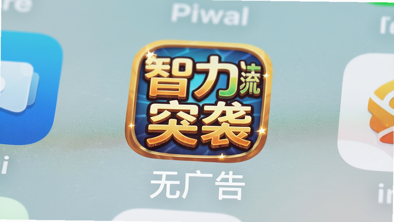 主体为手机桌面,图标清晰显示《智力流光突袭》Logo,周围无其他杂乱图标,布局整洁,排版简约,风格清新自然,细节展示图标光影质感,画质细腻,干净,无多余元素,文字
