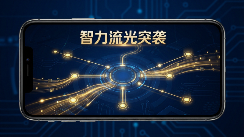 主体为手机屏幕显示《智力流光突袭》游戏界面,背景为深蓝色科技风,光流线条呈金色流动状,布局居中,排版简洁现代,风格科技感强,细节包含发光节点与路径连线,画质高清8k,干净,无多余元素,文字