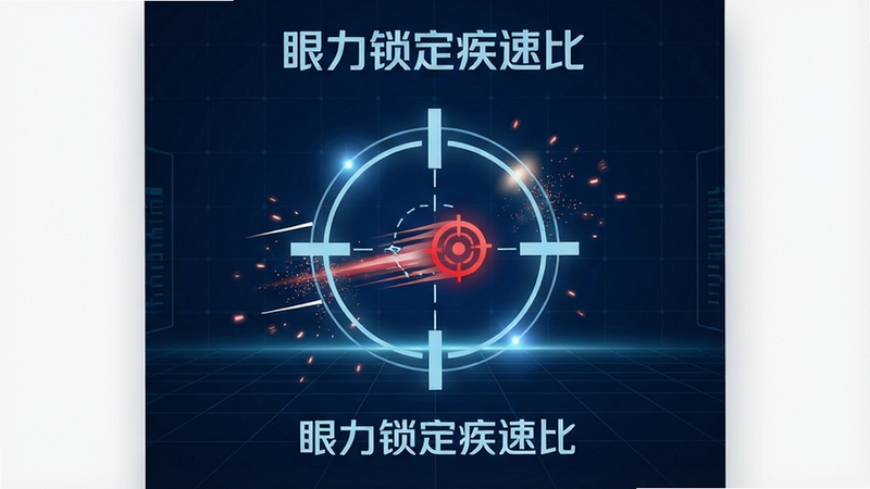 主体为一款名为“眼力锁定疾速比”的安卓应用界面预览图,背景采用深蓝色科技感网格,中央是一个高精度瞄准准星正在锁定一个高速移动的红色目标图标,周围环绕着速度线条和粒子特效,布局对称且聚焦,排版清晰,风格为现代极简科技风,细节处有光晕效果,画质4k,干净无多余元素