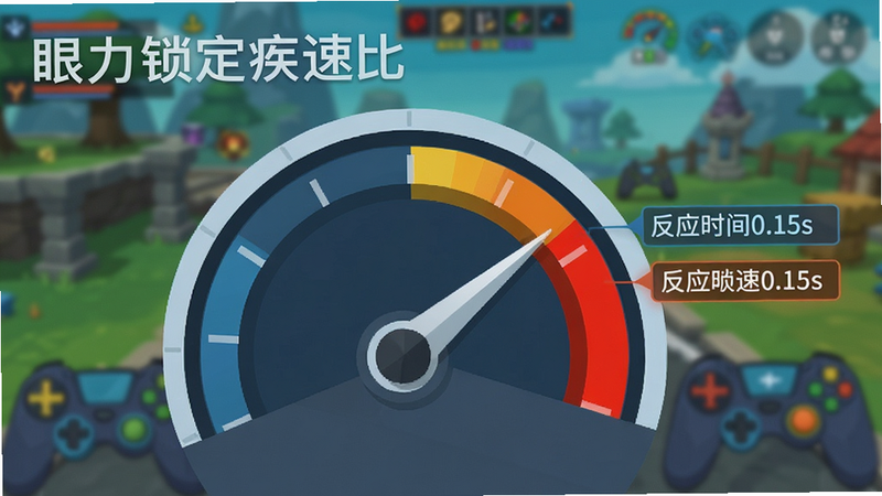 软件“眼力锁定疾速比”的功能示意图,展示一个抽象的速度仪表盘,指针指向红色极速区域,旁边配有“反应时间0.15s”的数据标签,背景为模糊的游戏场景,风格为扁平化设计,色彩鲜艳,细节清晰,画质高清,干净无杂乱元素