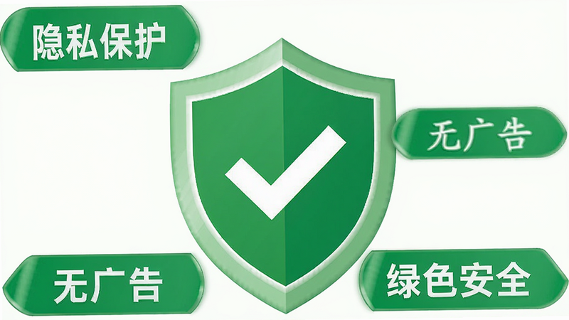 软件“眼力锁定疾速比”的安全认证徽章展示图,盾牌图标中央带有勾号,周围环绕着“隐私保护”、“无广告”、“绿色安全”的文字标签,风格为扁平化UI设计,色彩以绿色和白色为主,细节精致,画质高清,干净无杂乱元素