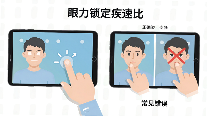软件“眼力锁定疾速比”的使用教程示意图,展示手指点击屏幕的动作分解,旁边配有“正确姿势”和“常见错误”的对比图示,风格为扁平插画,色彩柔和,细节清晰,画质高清,干净无多余元素
