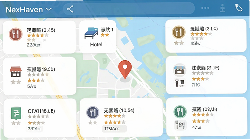 NexHaven应用内的周边搜索界面,中心为地图定位点,周围分布着餐厅、酒店、商店等图标,每个图标旁带有评分星级和距离显示,主体突出位置服务,布局网格化与地图结合,风格清新直观,细节包含具体的商户类型图标和距离标签,画质精细,干净,无多余元素