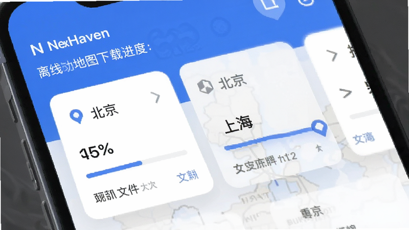 NexHaven应用内的离线地图下载进度界面,显示北京、上海等城市的下载状态,主体突出离线功能,布局卡片式,风格现代简约,细节包含进度百分比和文件大小,画质精细,干净,无多余元素