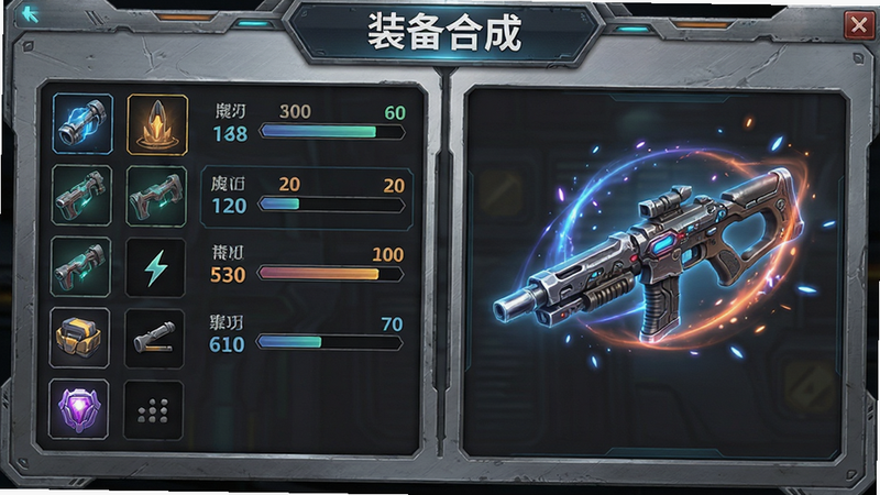 主体为装备合成界面,布局为左侧材料栏右侧成品栏,排版清晰,风格为科幻金属质感,细节展示武器属性数值变化及特效光效,画质细腻,干净,无多余元素,文字标注“装备合成”