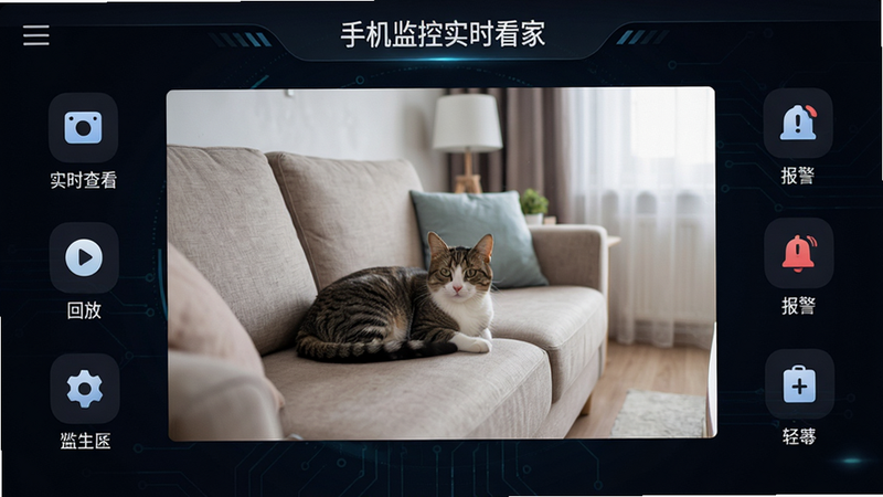 主体为一款名为“手机监控实时看家”的安卓应用界面截图,布局采用深色科技风背景,中心显示一个高清的家庭客厅实时视频画面,画面中有一只猫在沙发旁,四周环绕着简洁的功能图标如“实时查看”、“回放”、“报警”等,排版整洁,风格现代简约,细节清晰,画质高清,干净无多余元素