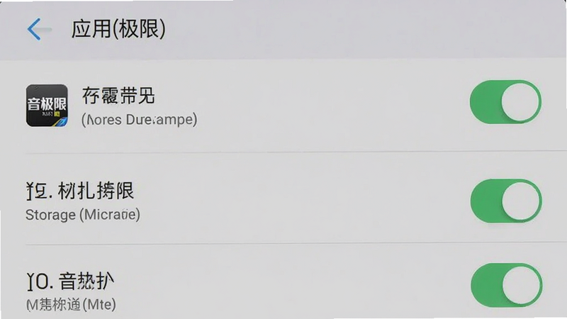 手机设置界面中应用权限管理的截图,主体为音极限的权限开关列表,布局垂直排列,风格系统原生UI,细节显示存储、麦克风权限状态,画质清晰,干净,无多余元素