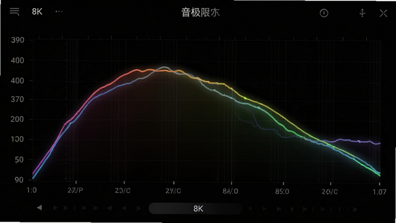 音极限自定义均衡器界面,主体为一条平滑的彩色曲线,布局居中,背景为黑色,风格现代科技,细节显示频率刻度,画质8k,干净,无多余元素