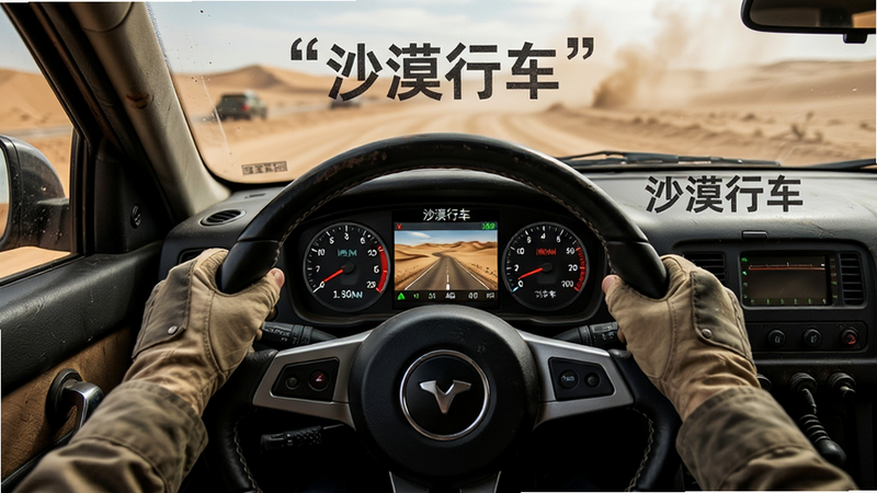 主体为驾驶员视角,双手握方向盘,前方是沙地赛道,屏幕显示“沙漠行车”仪表盘,布局第一人称视角,排版沉浸,风格写实紧张,细节丰富,画质高清,干净,文字“沙漠行车”加引号