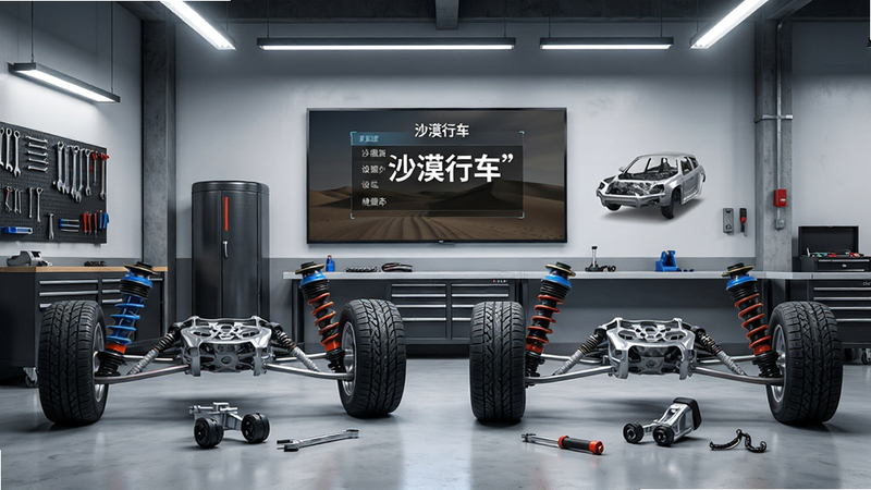 主体为车辆改装车间场景,展示轮胎、悬挂等部件,屏幕显示“沙漠行车”设置菜单,布局整齐,排版清晰,风格科技感与工业风结合,细节丰富,画质高清,干净,文字“沙漠行车”加引号