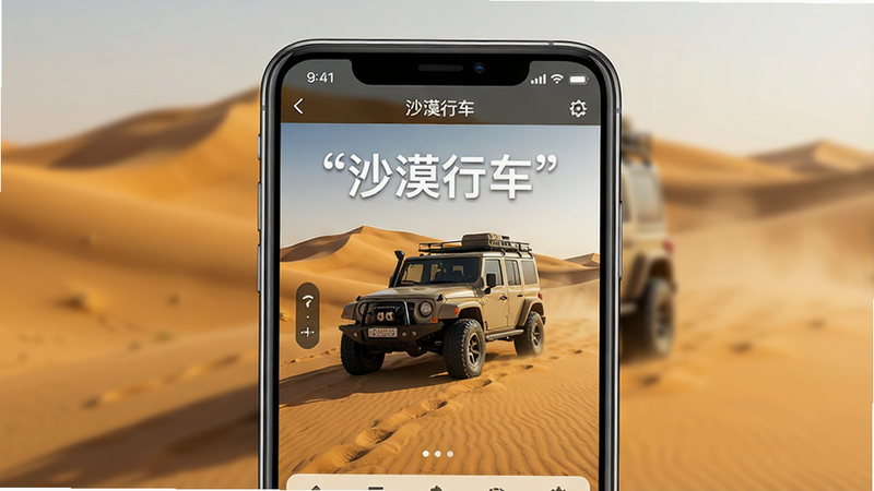 主体为一部现代智能手机,屏幕中显示着“沙漠行车”应用界面,背景是金黄色沙丘与一辆越野车,布局居中,排版简洁,风格写实高清,细节丰富,画质清晰,干净无多余元素,文字“沙漠行车”加引号