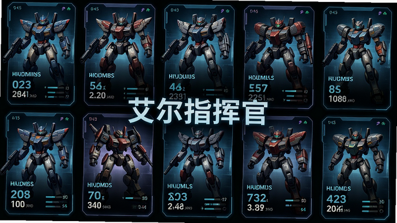 主体为《艾尔指挥官》角色选择界面,布局采用网格状展示多个机甲卡片,排版整齐,风格为赛博朋克,细节显示机甲立绘与属性标签,画质细腻,干净,文字