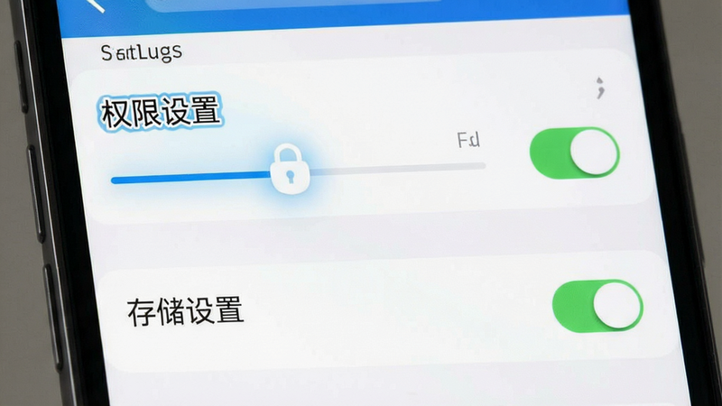 主体为手机设置界面截图,布局突出“权限管理”与“存储设置”选项,排版简洁,风格为现代UI,细节显示滑块与开关状态,画质清晰,干净,文字