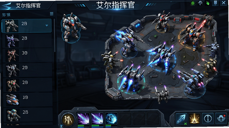 主体为《艾尔指挥官》手游主界面全景,布局清晰展示左侧单位列表、右侧战场地图与底部技能栏,排版严谨,科幻风格,细节丰富如机甲发光特效,画质高清,干净无多余元素,文字