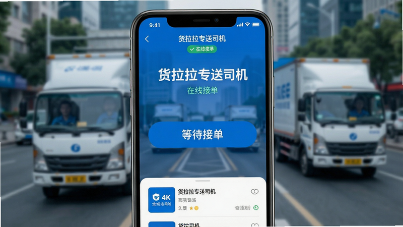 一张高清手机屏幕界面展示图,主体为“货拉拉专送司机”APP首页,界面风格简洁现代,顶部显示当前在线状态,中部为醒目的“等待接单”大按钮,底部有订单列表预览,背景为模糊的城市货车行驶场景,色彩以品牌蓝为主,画质4K,干净无多余元素,文字清晰可见: