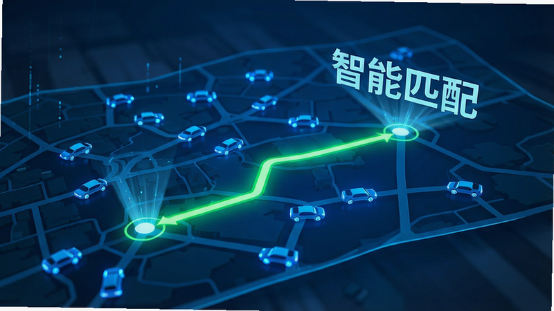 一张概念图,展示一个发光的数字地图,上面有许多蓝色光点代表车辆,一条高亮的绿色路径连接两个点,旁边悬浮着“智能匹配”字样,科技感强,蓝色调,高清,无杂乱背景