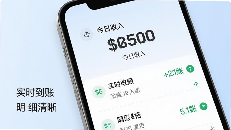 手机钱包界面示意图,显示“今日收入”数字较大,下方列出几笔交易记录,每笔都有绿色箭头表示入账,背景是淡蓝色的渐变,文字“实时到账”、“明细清晰”,风格简约商务,高清