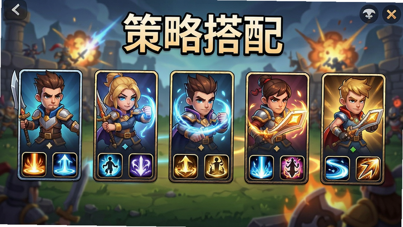 ����Ϊ��Ϸս�����棬����չʾ�����ɫ��Ƭ���У�ÿ����ɫ�·���ʾ����ͼ�꣬����Ϊս����Ч���Ű����룬���Ϊ��ͨ��Ⱦ��ϸ�ڴ��м��ܹ�Ч�������������ɾ��޶���Ԫ�أ����֡����Դ��䡱��Ŀ
