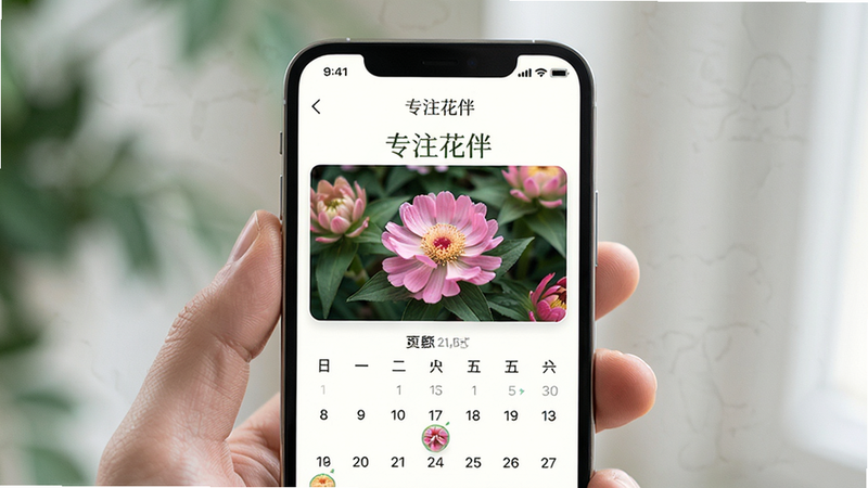 主体为手机屏幕显示专注花伴APP界面,布局清晰,排版整洁,风格清新自然,细节展现花卉图片与日历标记,画质高清,干净无多余元素,文字