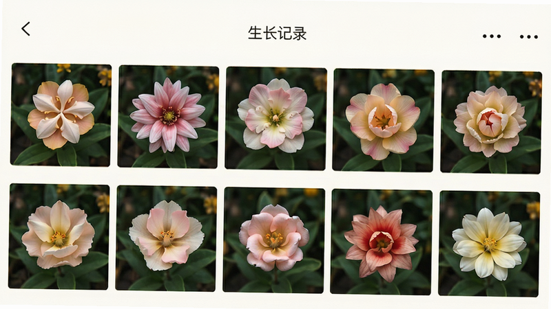 主体为手机APP内的相册界面,展示多张花卉生长对比照片,布局网格状,排版有序,风格温馨自然,细节呈现花朵绽放的不同阶段,画质高,干净无多余元素,文字