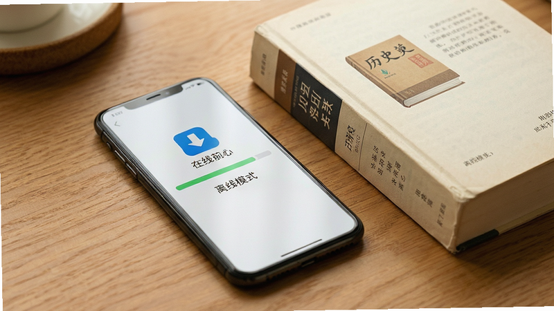 主体为手机与书本并置场景,手机屏幕显示离线下载进度条,布局平衡,排版简洁,风格温馨实用,细节显示下载图标与历史书籍,文字标注“离线模式”,画质细腻,无多余元素