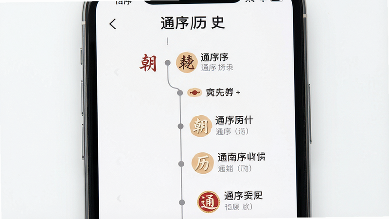 主体为一部智能手机,屏幕显示“通序历史”应用界面,布局采用垂直时间轴设计,排版清晰,风格为现代简约扁平化,细节包含朝代图标与关键事件节点,文字标注“通序历史”,画质高清,背景干净,无多余元素