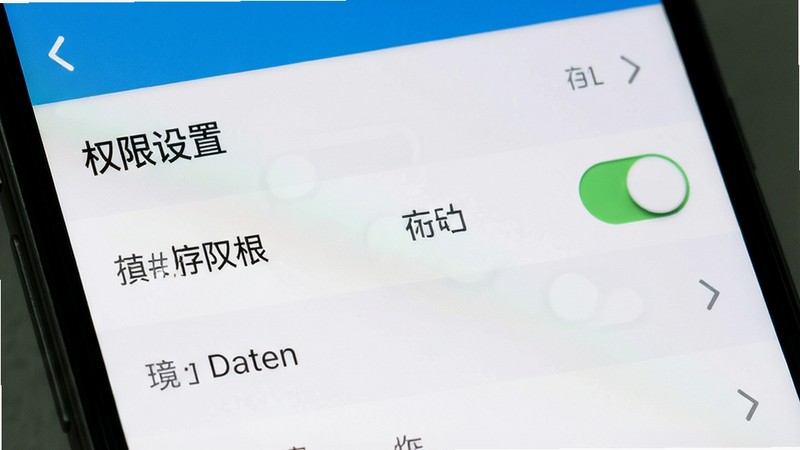 主体为手机设置界面截图,显示权限管理列表,布局清晰,排版列表式,风格简洁,细节显示存储权限开关,文字标注“权限设置”,画质清晰,无多余元素