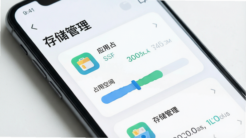 主体为手机存储管理界面,显示应用占用空间,布局简洁,排版卡片式,风格现代,细节显示存储图标,文字标注“存储管理”,画质高清,无多余元素