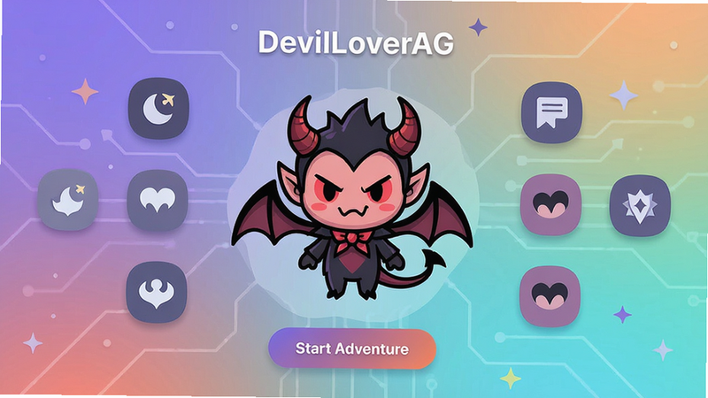 ����ΪDevilLoverAGӦ�õ����������ͼ�����ֲ������ĶԳ���ƣ�����չʾһ�������صĿ�ͨ��ħ��ɫ������Χ�����Ź��ܲ˵�ͼ�ꡣ�Ű����࣬���Ϊ�ִ���ƽ�������Ԫ��ϣ�ϸ�ڷḻ�������������ɾ����޶���Ԫ�أ����ְ���
