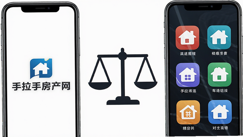 对比概念图,两个手机并排显示,左侧屏幕显示“手拉手房产网”Logo,右侧屏幕显示其他房产APP图标,中间有一个天平图标,象征选择与对比,背景为白色,简洁商务风格,高清,细节清晰