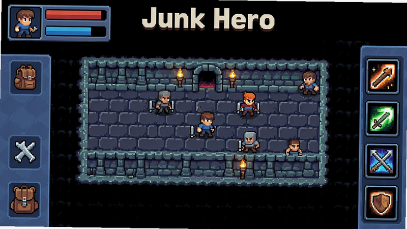����Ϊ��Junk Hero����Ϸ������ȫ�������ֲ��ú�������ӽǣ������ʾ��ɫ״̬���뱳��ͼ�꣬����չʾ���ط��ĵ�����������ˣ��Ҳ�Ϊ���ܿ�������Ű�������UIԪ�ر�ƽ����ƣ����Ϊ����16-bit����������ϸ�ڷḻ�����ʸ��壬�ɾ����޶���Ԫ�أ����֡�Junk Hero��λ�ڶ�������